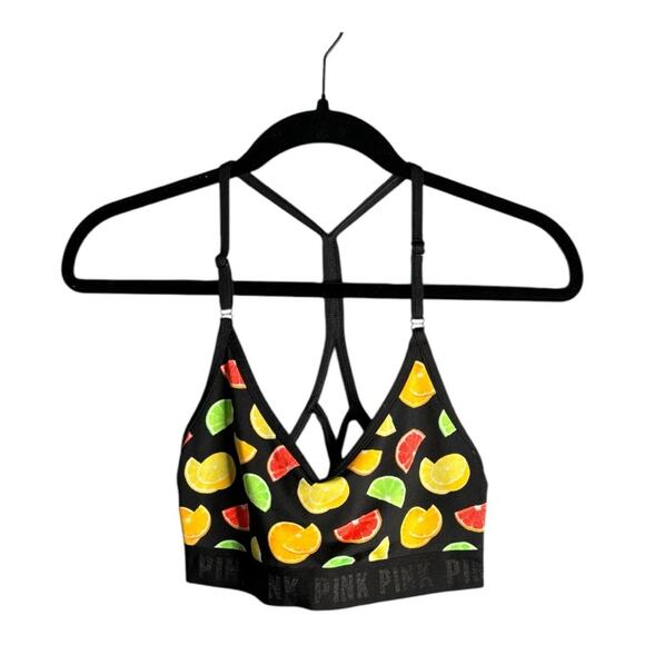Victoria’s Secret PINK Black Fruit Print Sports Bra Adjustable Strap Size Med - Picture 1 of 5